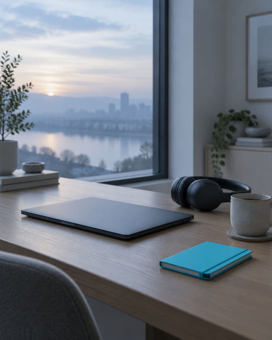 A home-office desk by a window at dawn with a closed laptop, headphones and a cup.