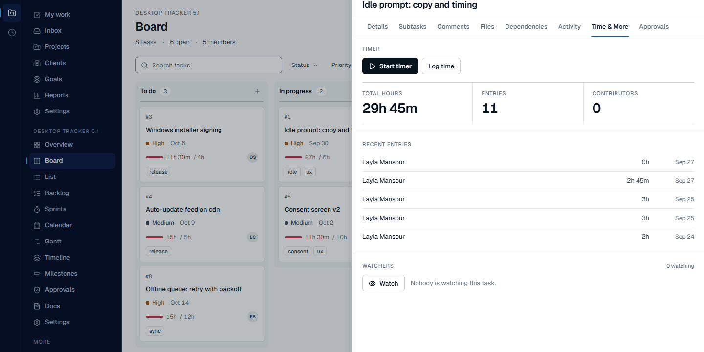 A project board with a task open in its side panel on the Time tab: a Start timer button, Log time, and the task's total hours, entries and contributors.