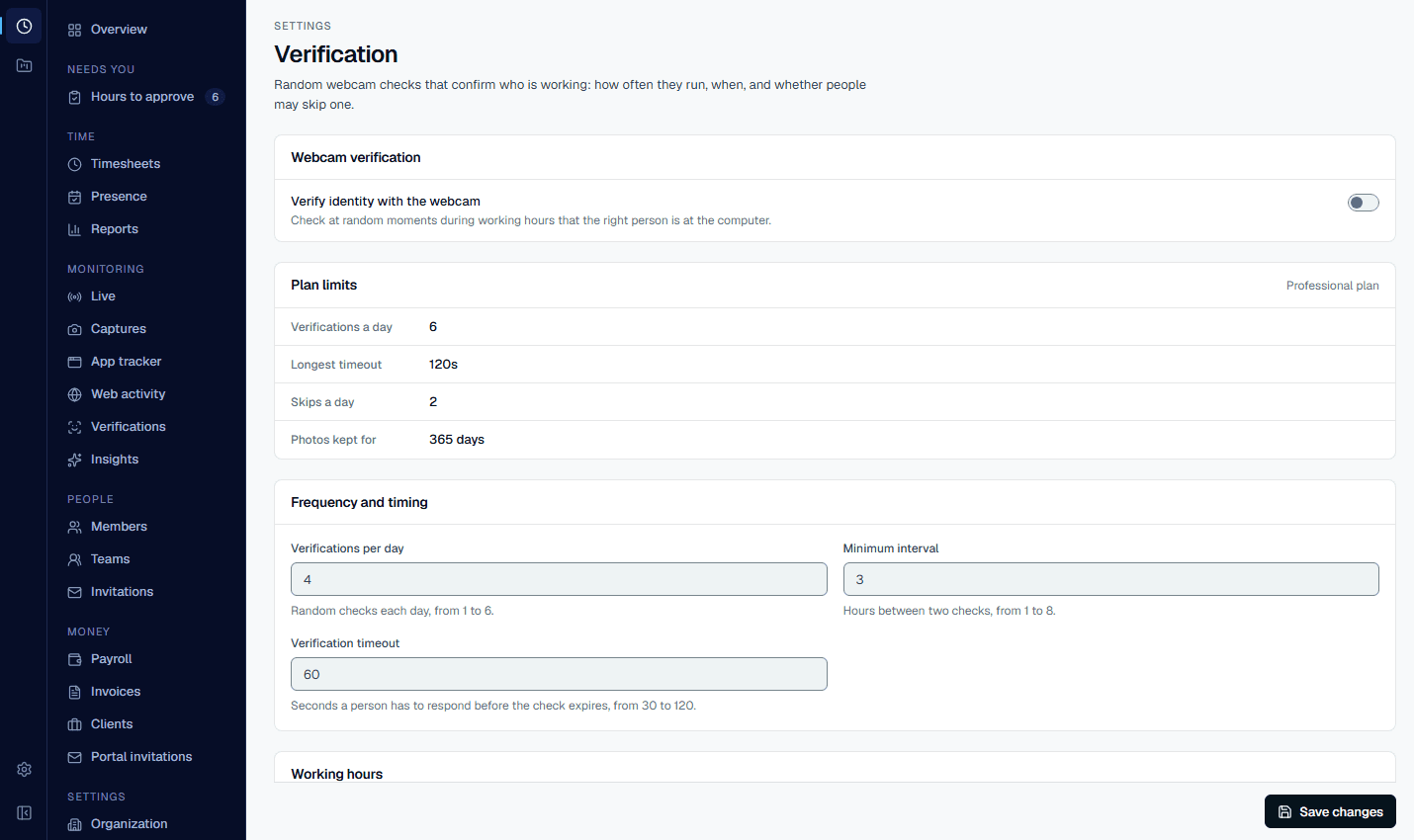 The Verification settings page: webcam verification switch, checks per day, minimum interval and timeout, working hours, skipping with a reason, and the privacy and consent notes.